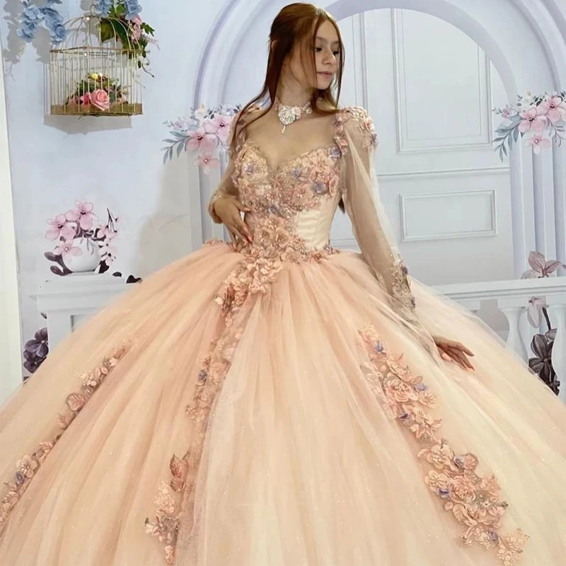 Angelsbridep 2023 бальное платье с длинными рукавами и 3D цветами на шнуровке сзади Quinceanera