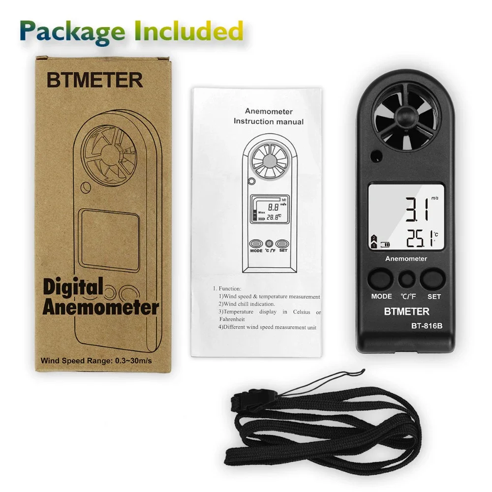HoldPeak HP-816B Mini Anemometer with Wind Speed Range 0.3 -30m/s and Temperature Measurement