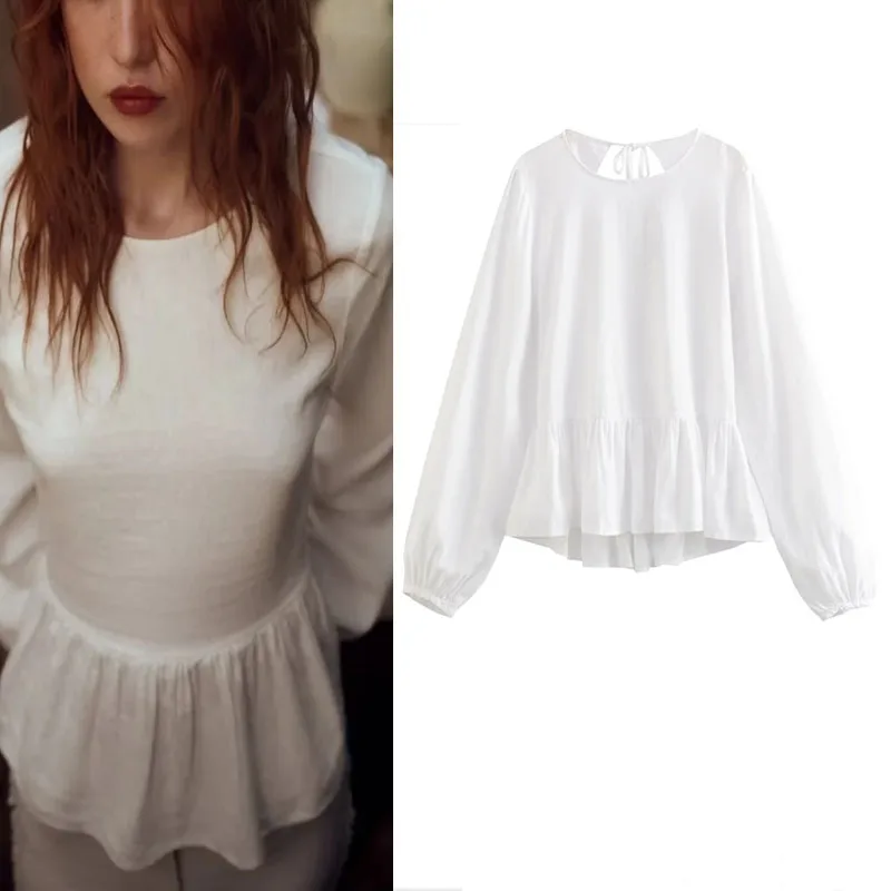 

TRAF 2023 Woman Peplum Top Vintage Round Neck Ruffled Hem Blouses Sweet White Long Sleeve Backless Tied Shirts Summer Chic Tops