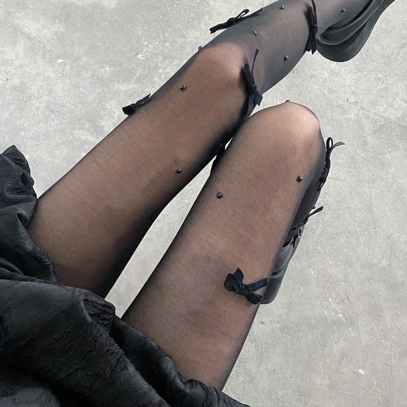 Женские готические черные шелковистые прозрачные колготки в стиле Харадзюку с