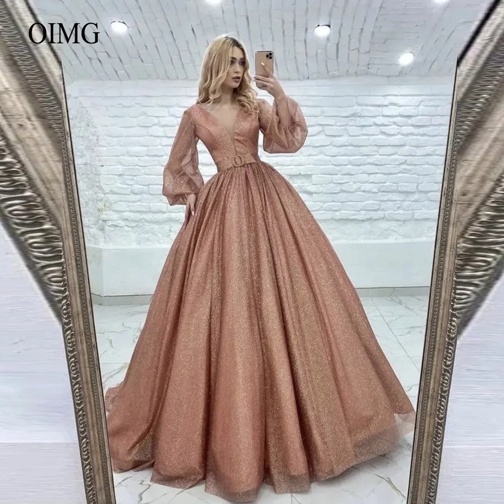 

OIMG Glitter Puff Long Sleeves Evening Dresses Sheer Neck Princess Arabic Modest Prom Gowns Robe de mariage Quinceanera Dress