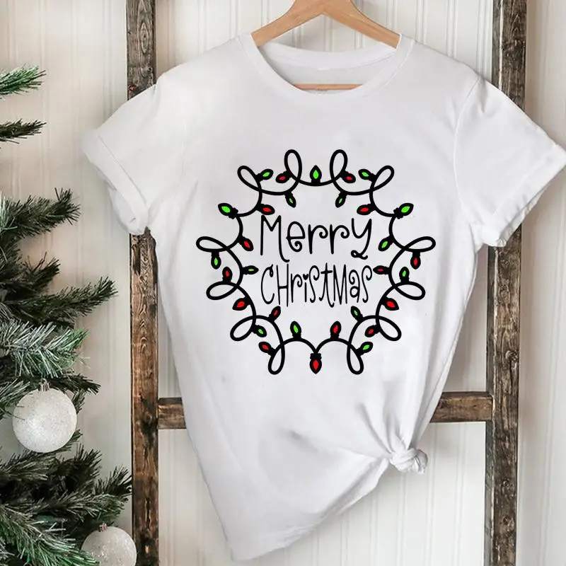 

Women Merry Christmas Light 2022 Winter Graphic Tees Happy New Year Holiday Fashion Ladies Top Tshirt Nice Vacation T T-shirt