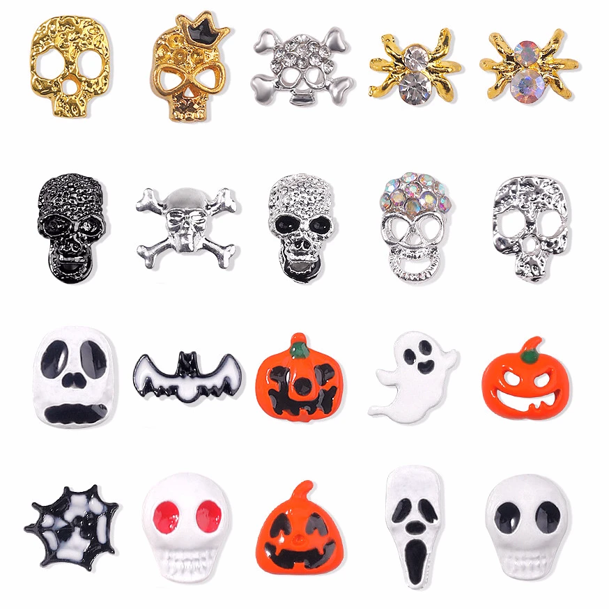

10Pcs Halloween Ornaments 3D Metal Nail Art Decorations Charms Gold Silver Black Skull Spider Ghost Design Nail Accessories