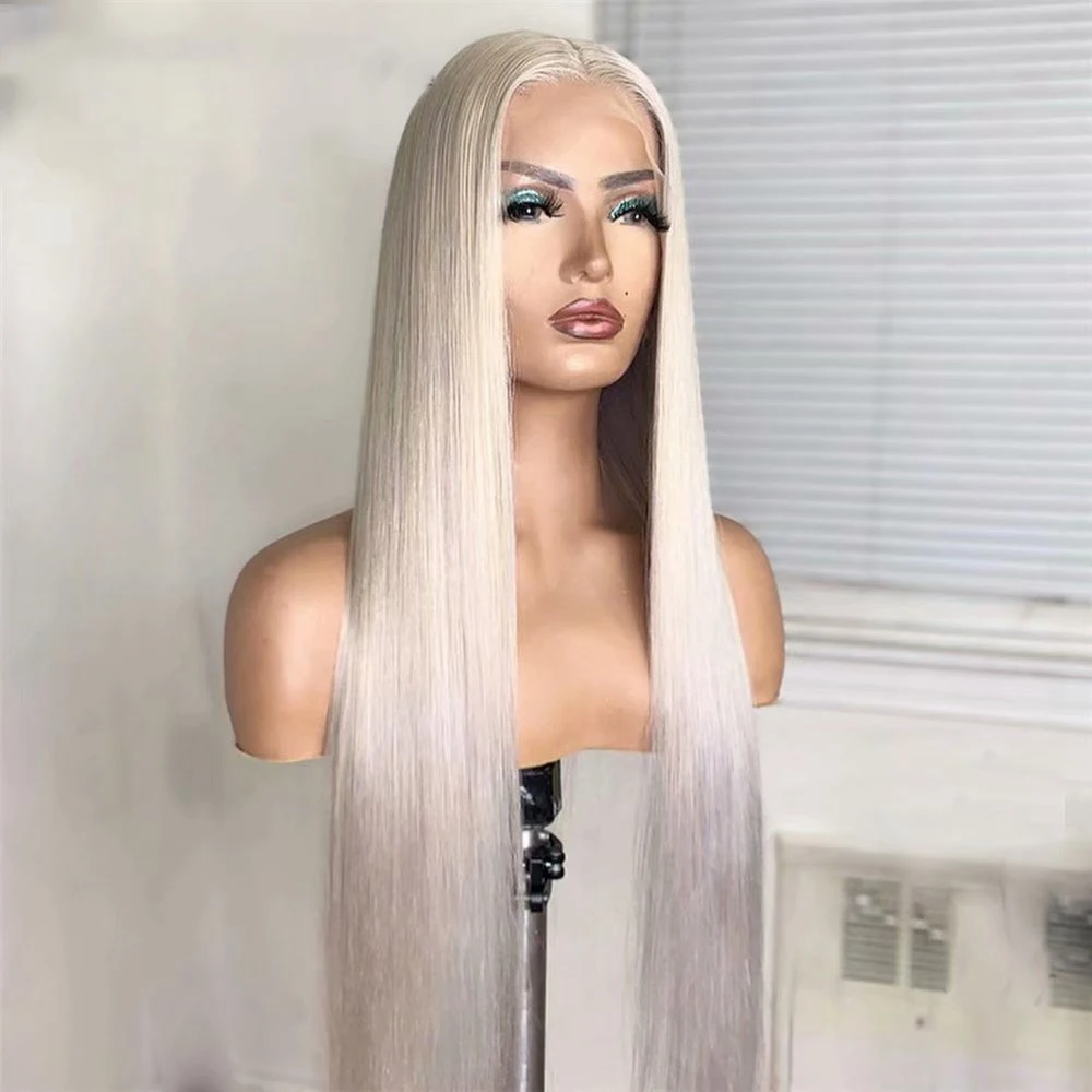 Long 60# Platinum Blonde Straight 13x4Lace Front Wig mixed human hair blend synthetic wig For Black Babyhair Preplucked Cosplay