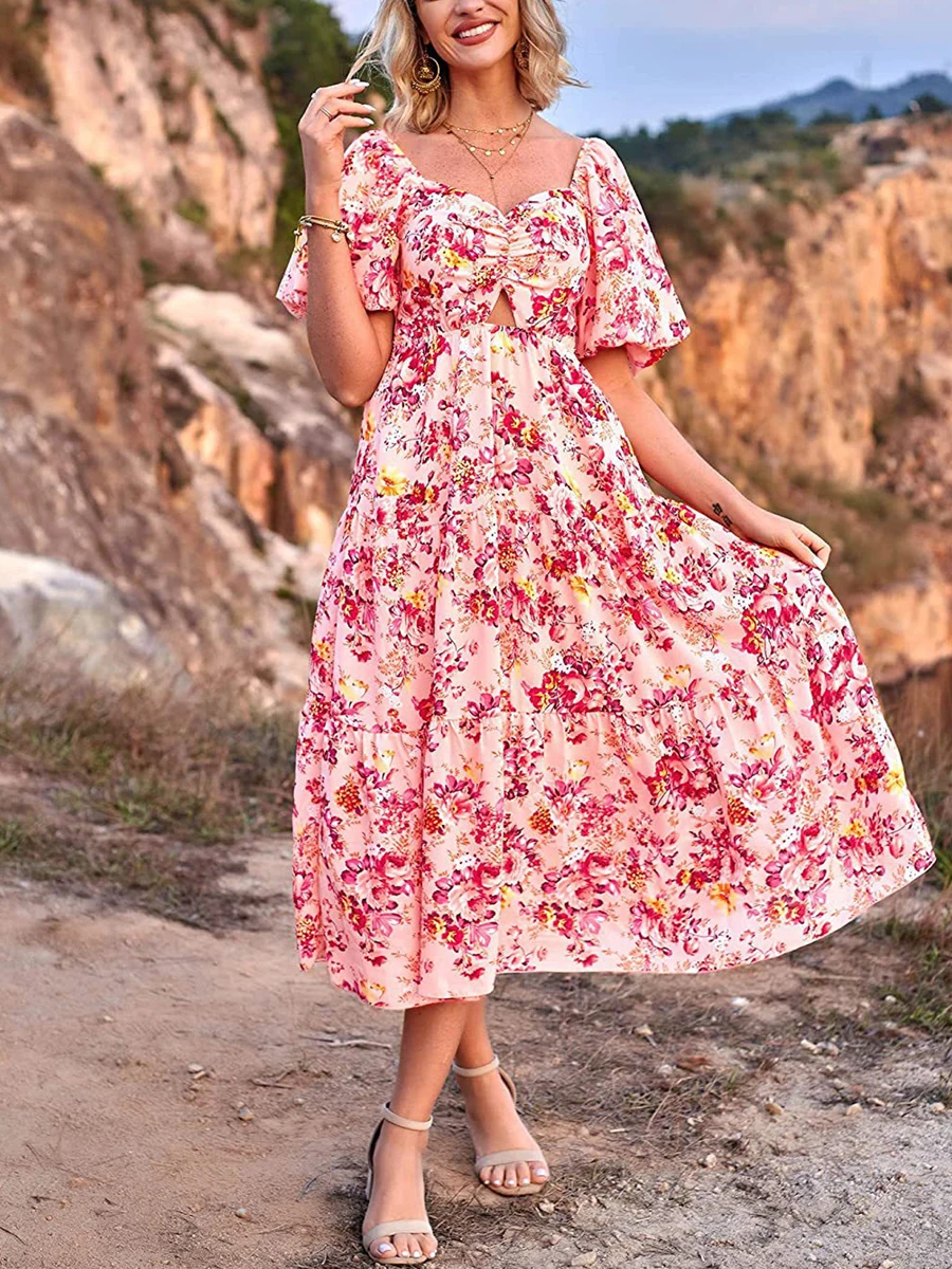 Cloyifun Womens Short Puff Sleeve Floral Midi Dresses Flared Flowy Boho  Casual Long Dress Summer Beach Holiday