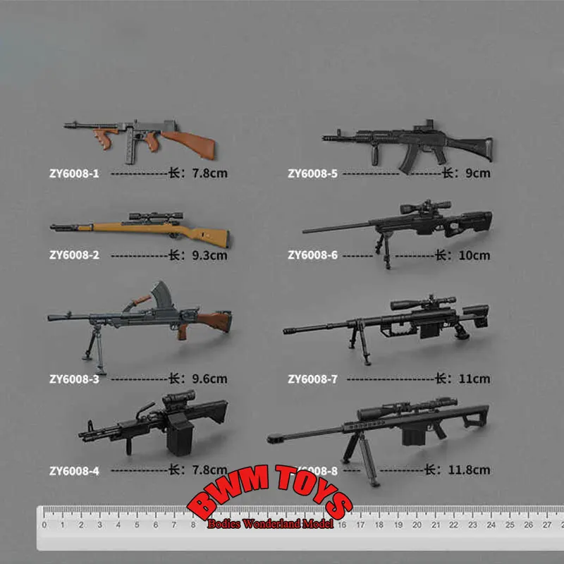 Фото В наличии: Набор аксессуаров для солдатиков ZYTOYS ZY6008, масштаб 1/12, миниатюрные статичные оружейные модели 98K, M1928, MK43 для 6-дюймовых фигурок. №1