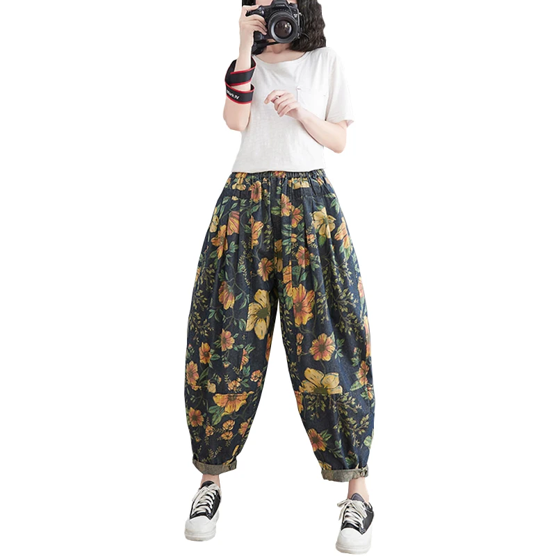

Women Spring Autumn Fashion Vintage Loose Print high Waist Jeans Female Casual Frayed Harem Pants Trousers FC2027