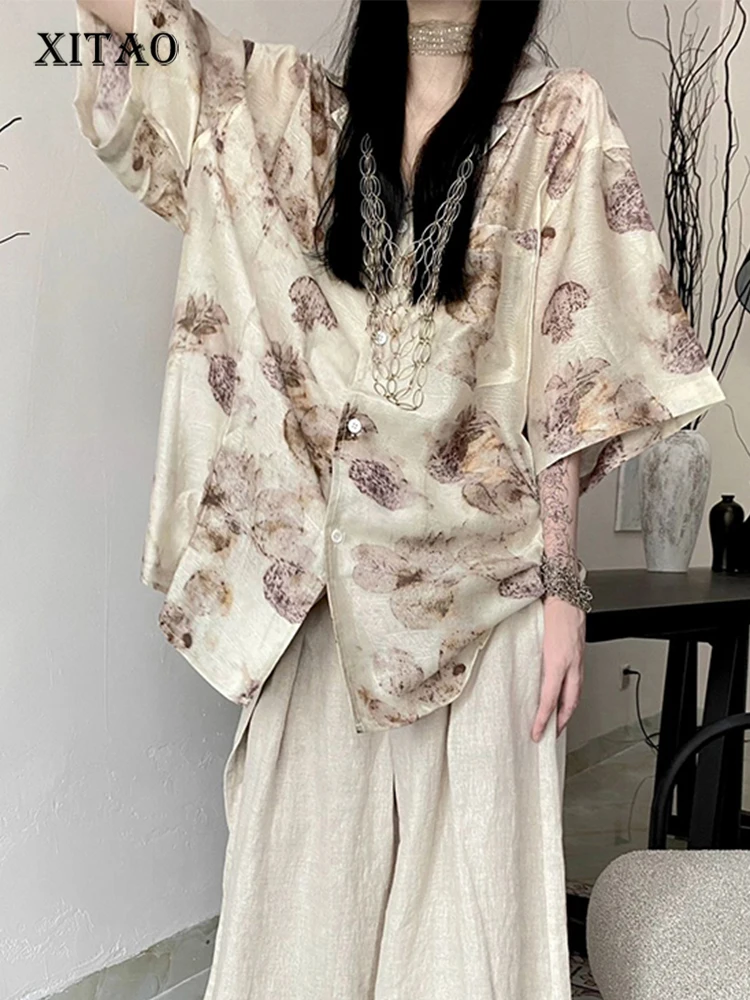 

XITAO Loose Print Half Sleeve Casual Shirt Turn Down Collar 2023 Women Summer Single Breasted Street Trendy Shirt Top HQQ0847