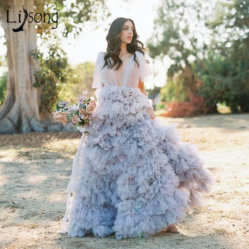 

Garden Colorful Tulle Wedding Dresses 2022 Sexy Backless Bridal Dress Tutu A-line Long Wedding Gowns