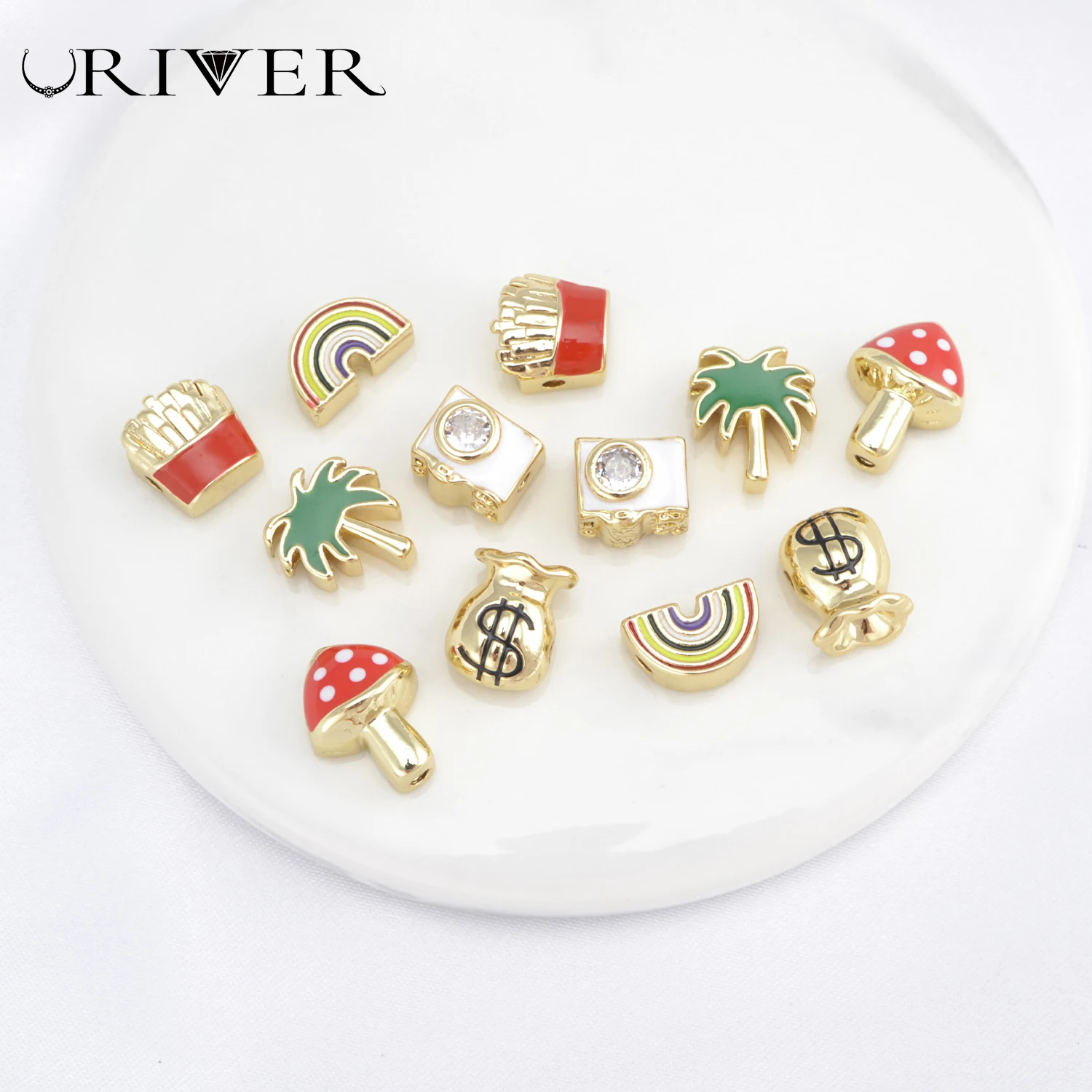 

Trendy Enamel Rainbow Camera Charms for Bracelet Copper Gold Plated French Fries Tree Beads Jewelry Making Supplies Wholesale