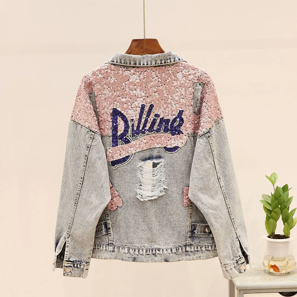 

Autumn 2023 New Denim Women Jacket Spring Vintage Sequins Pink Shiny Loose Coat Long Sleeve Outerwear Autumn Female Jeans Jacket