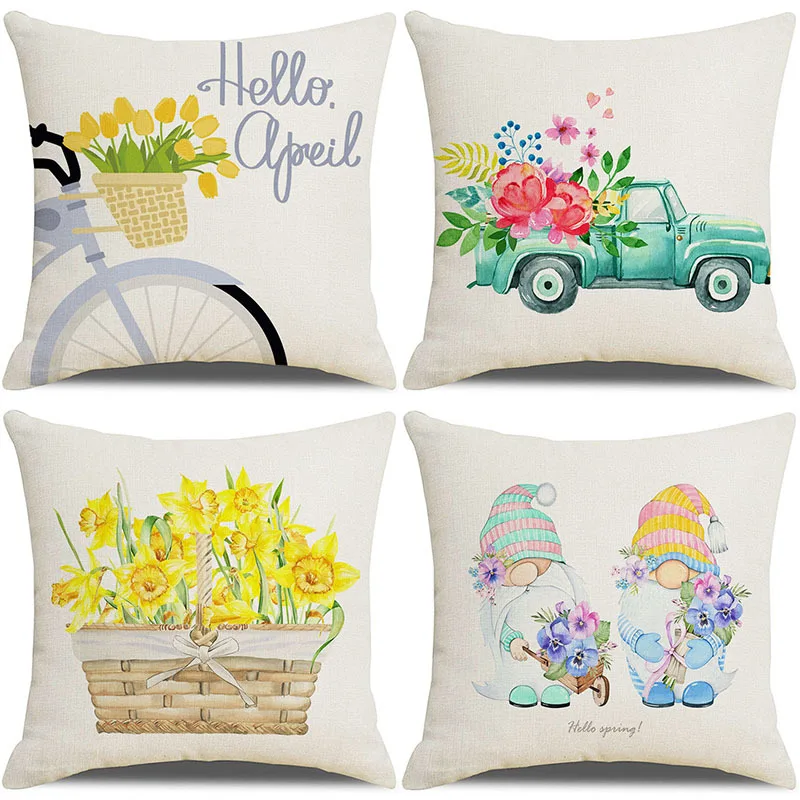

2022 Spring New Sunflower Spring Series Linen Pillow Cover Flower Bicycle Ins Wind Pillow Cover