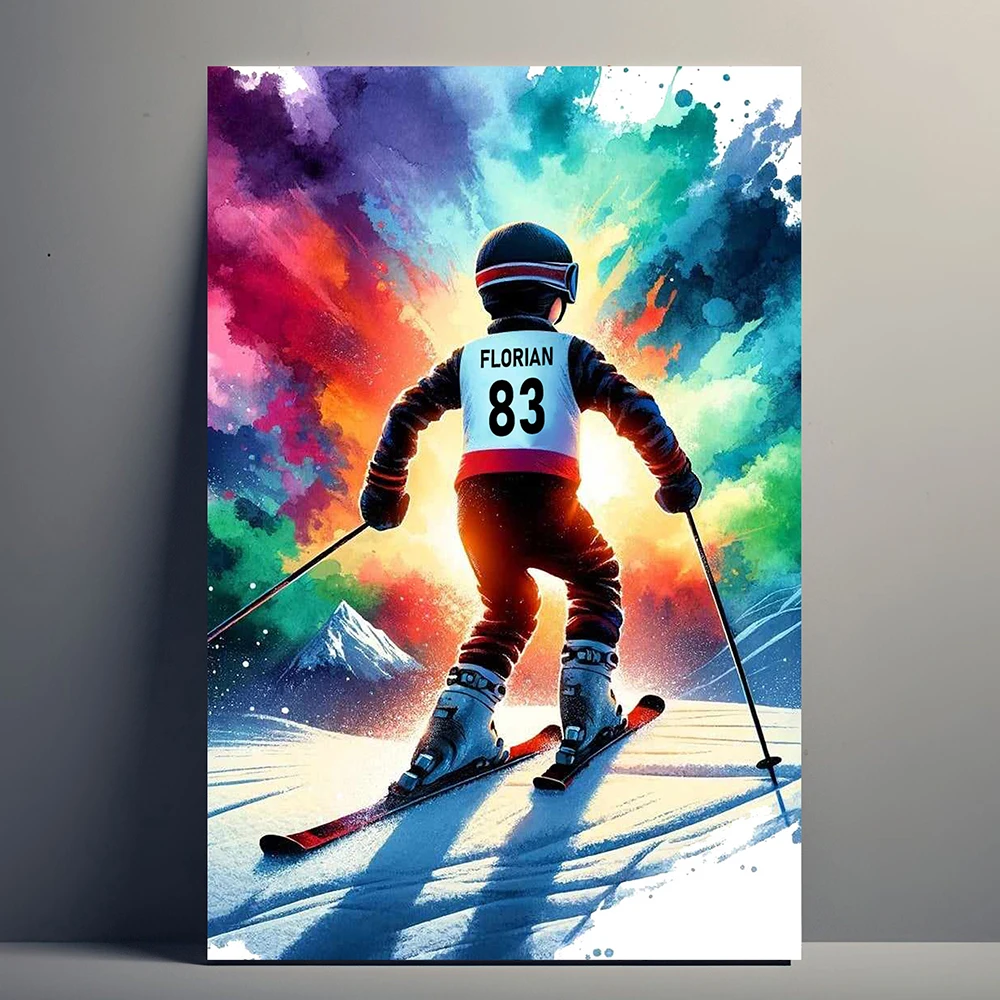Персонализированный постер Skier название и цифры на заказ красочная иллюстрация