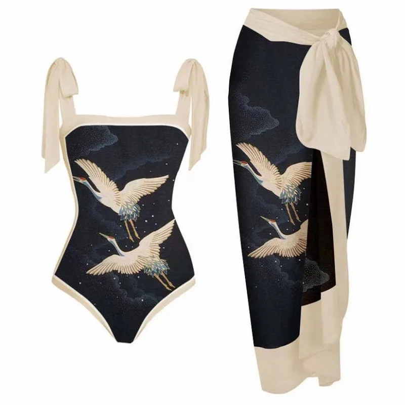 Crane Print OnePiece Swimsuit Luxury Micro Bikini and Cover Up Elegant Butterfly Strap Swimwear Women Beachwear Skirts 2023