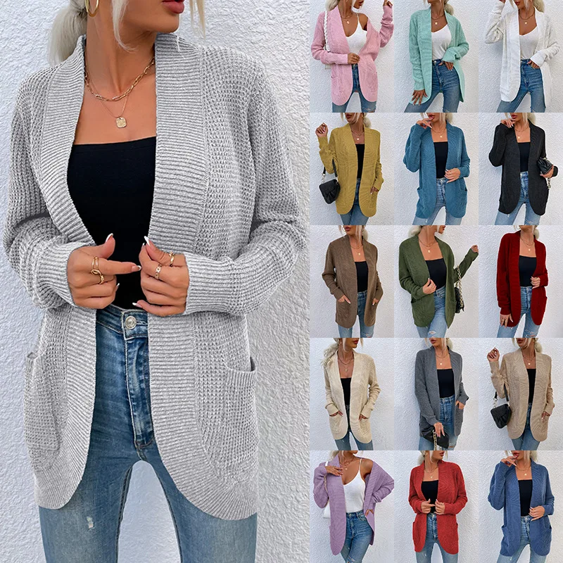 

Autumn and Winter New Women's Commuter Knitted Bottom Curved Pocket V-neck Cardigan Long Sleeve Loose Sweaters Coats
