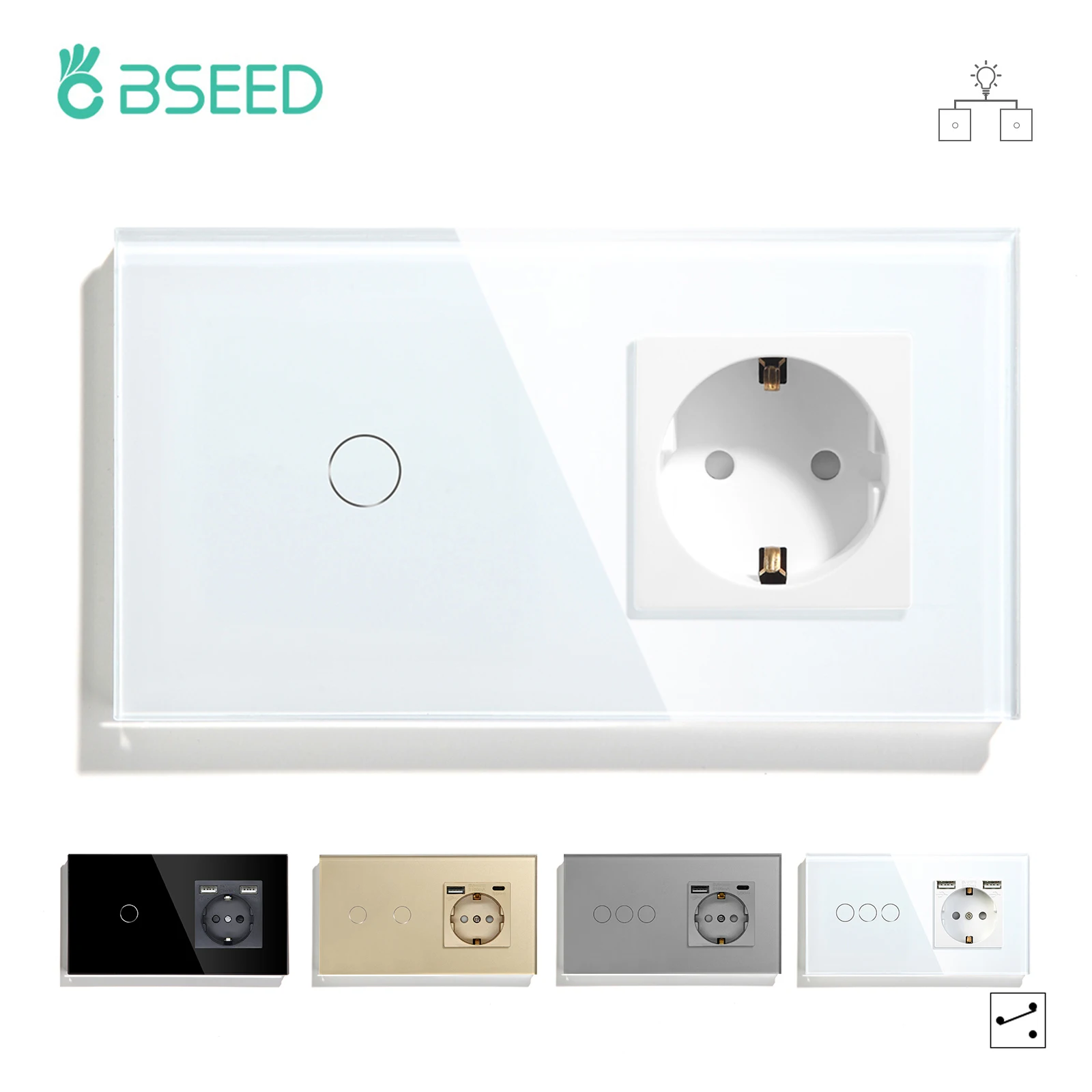 

BSEED Touch Light Switch Wall Socket Glass 1/2/3Gang 2Way Touch Screen Switch Power Outlet Led Switches EU Wall Power Sockets