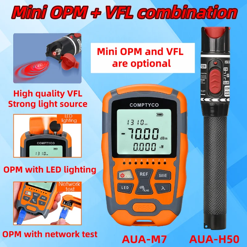 Мини оптический измеритель мощности (OPM -70 ~ + 10 дБм) и Визуальный дефектоскоп (50/30/20/10/1 мВт) Мини оптический измеритель мощности (OPM -70 ~ + 10 дБм) и Визуальный дефектоскоп (50/30/20/10/1 мВт)