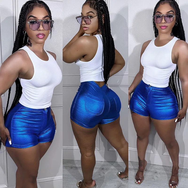 European And American Women's 2023 Summer New Pu Metallic Street Pocket Tight Women's Shorts