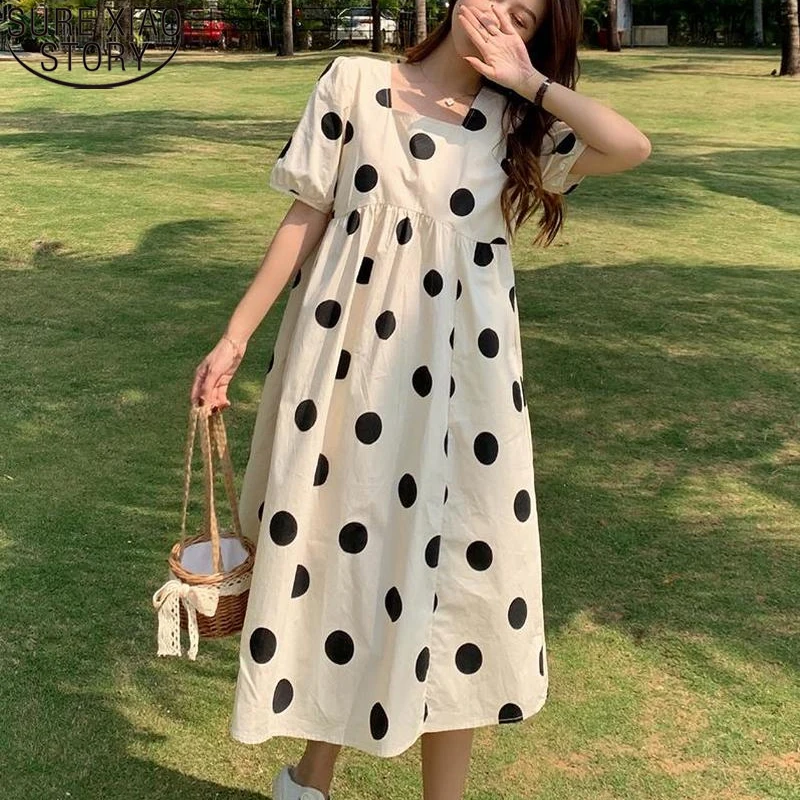 

Oversized Dresses Beach Dot Women's Dress Casual Loose Summer Holiday Short Sleeve Woman A Line Slim High Waist Long Dress 21291
