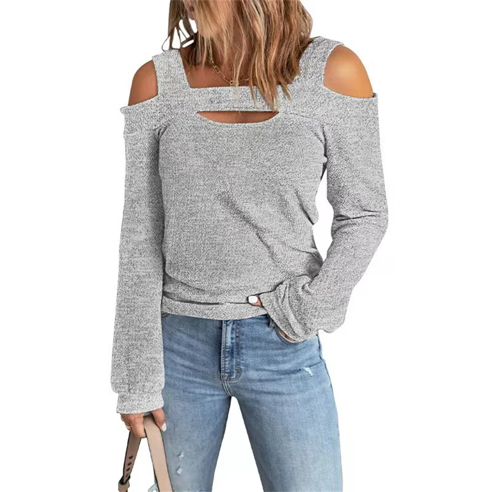 Купи Sexy Off Shoulder Square Neck Hollow Out Patchwork Blouse Tops 2022 Autumn Women Long Sleeve Loose Casual Solid Color T-Shirts за 577 рублей в магазине AliExpress