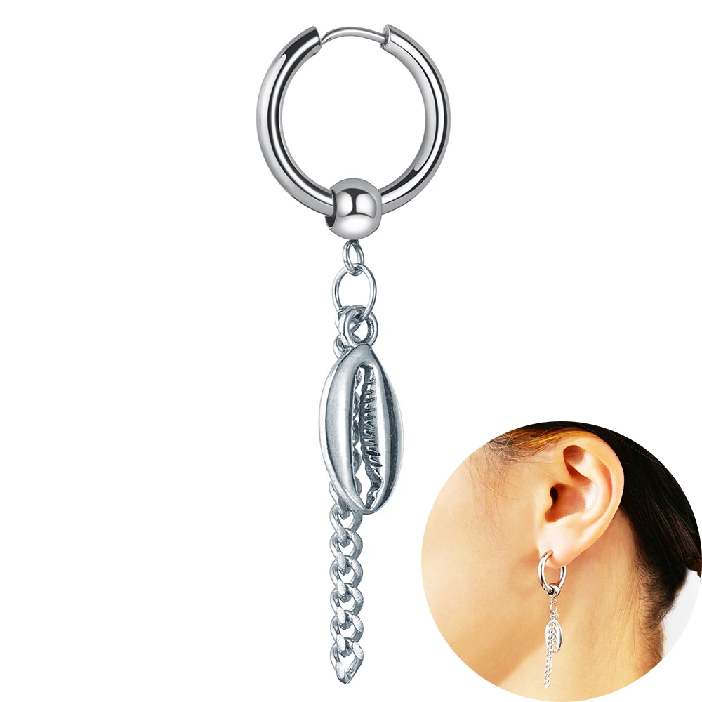

1pc Fashion Punk Stainless Steel Shell Shaped Tassels Dangle Earring Clip Cuff Earrings For Men Women Piercing Ear Jewelry Gift