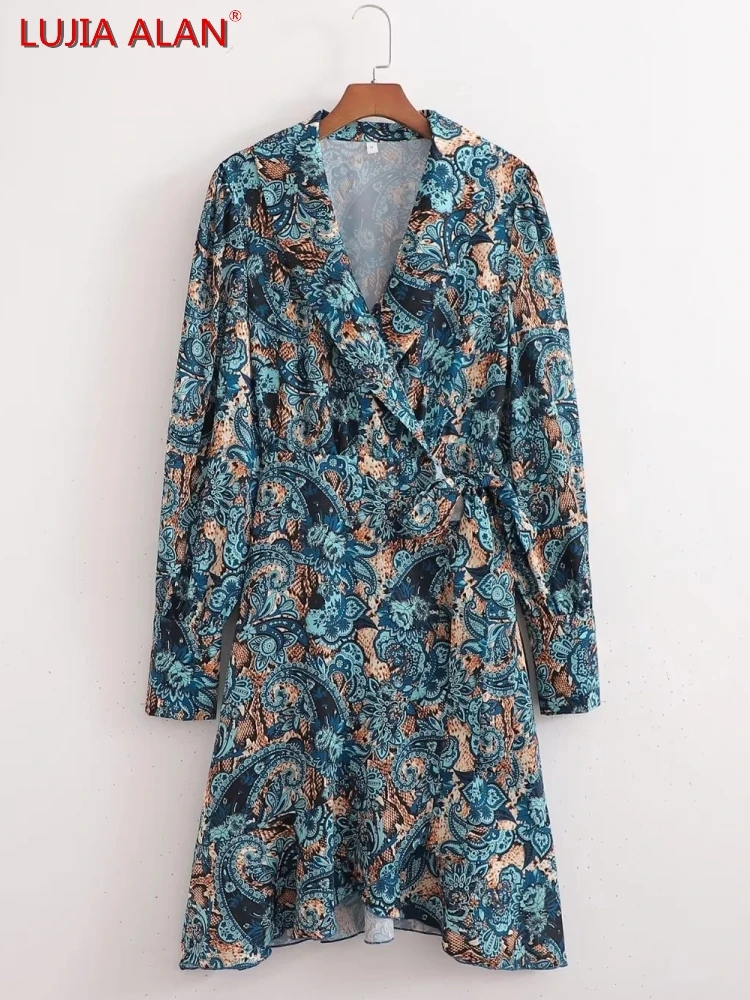 

Women Vintage Paisley Print Lace Up Bow Wrap Dress Hot Sale Female Long Sleeve Streetwear Vestidos LUJIA ALAN WD720