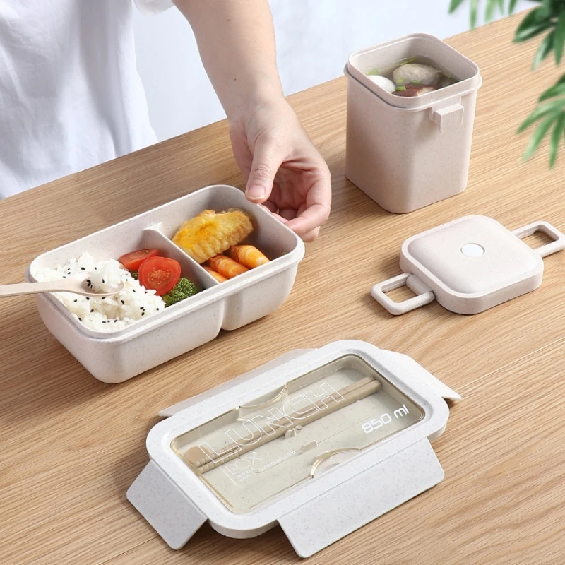 

1100ml Lunch Box Wheat Straw Japanese-style Bento Boxes with Spoon Chopsticks Microwave Dinnerware Food Storage Container