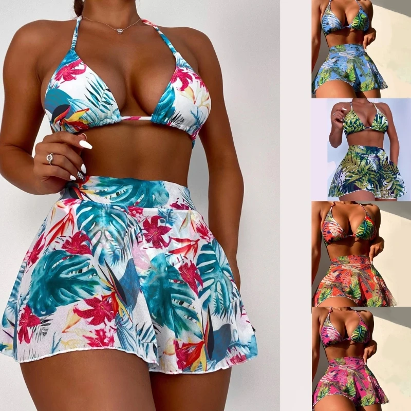 

Женский комплект бикини из трех предметов с накидками, соблазнительный купальный костюм с узелком, пляжная одежда с принтом, популярный куп...