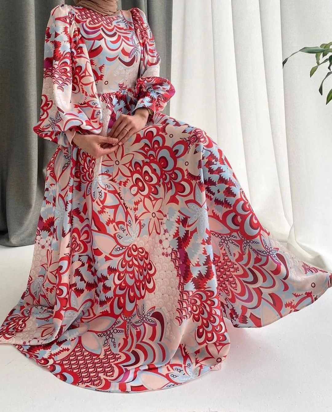 

Women Elegant Dress with Spring and Summer Muslim Pattern Print Long Sleeve Loose A-word and Ankle National Style Dress