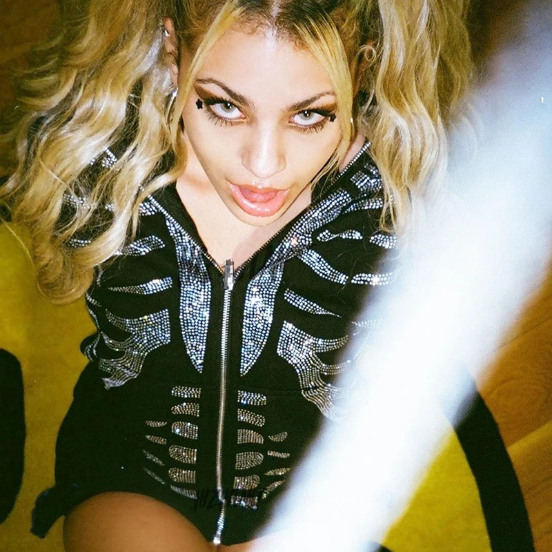 

Full Zip Y2k Homme Rhinestone Skeleton Hoodies Women Gothic Black Oversized Sweatshirts Female Harajuku Hooded Jacket Streetwear