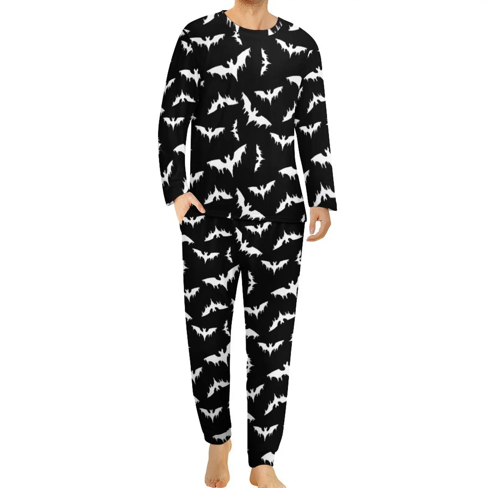 White Bats Print Pajamas Funny Animal Mens Long Sleeves Fashion Pajama Sets 2 Piece Home Spring Custom Sleepwear Gift