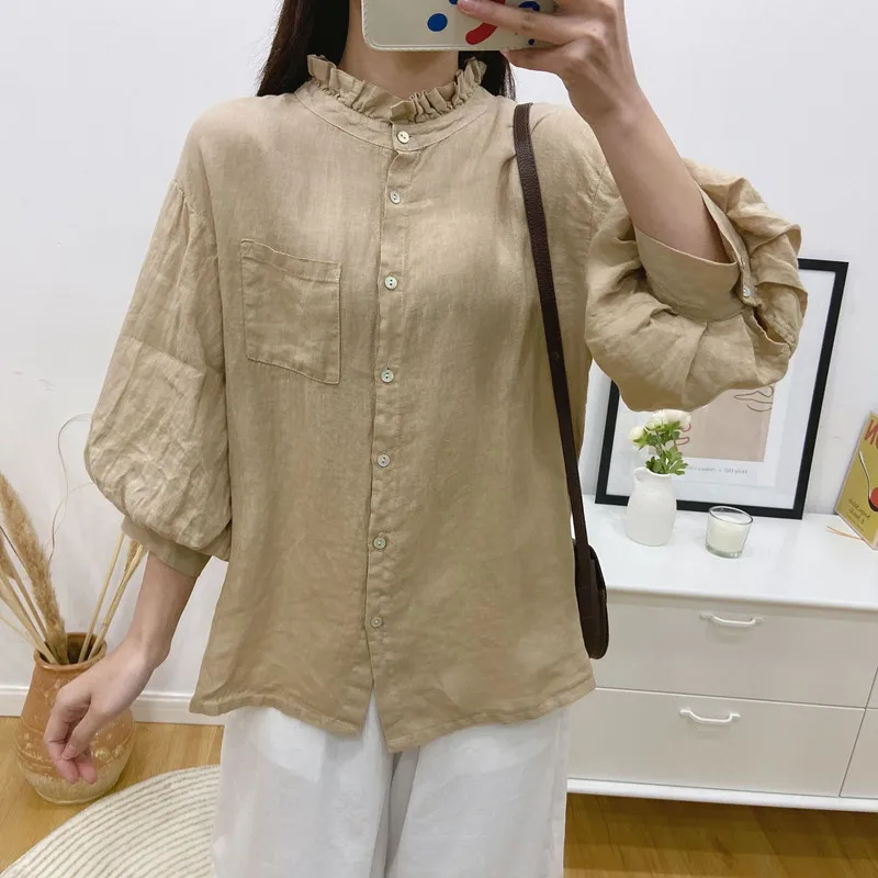 Женская винтажная льняная рубашка Johnature блузка в стиле мори с оборками