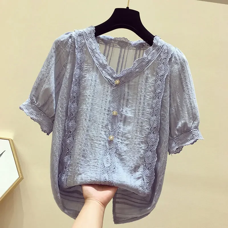 Рубашки женские с коротким рукавом кружевные однотонные v-образным вырезом