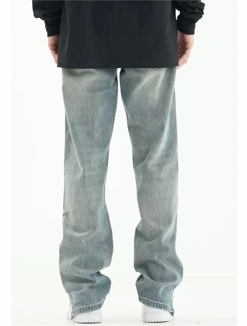 Streetwear Men Street Retro Side Zip Straight Jeans Loose Wide Leg Sagging Temperament Trousers Large Autumn and Winter Female