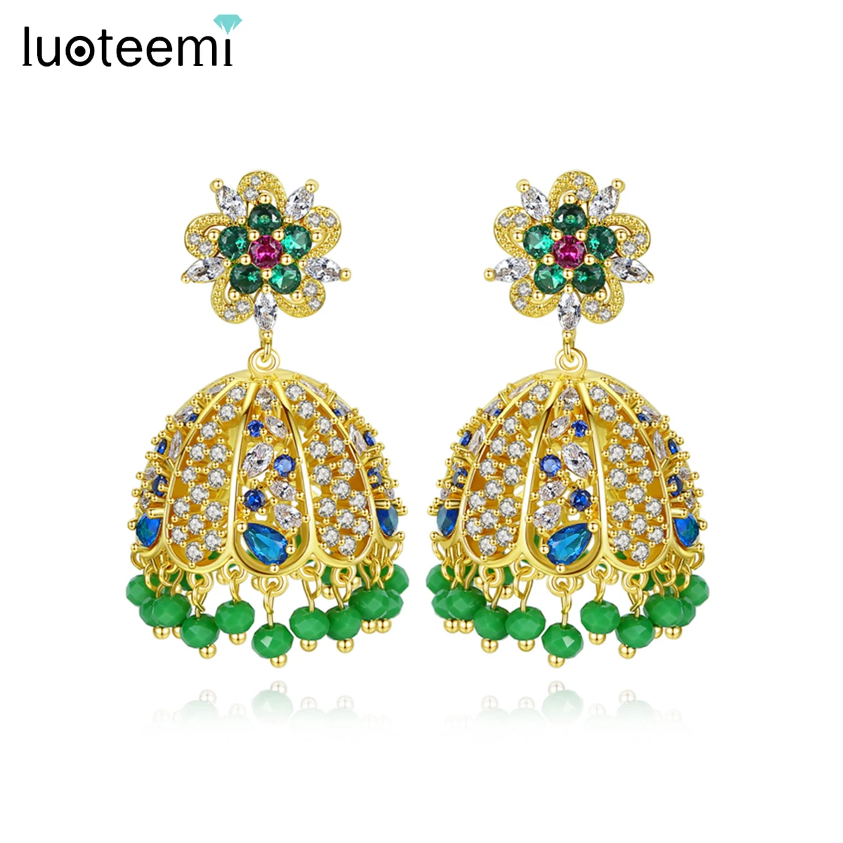 

LUOTEEMI Gorgeous Indian Design Heart Hollowed Flower Big Dangle Drop Earrings for Women Colorful CZ Fashion Jewelry Brincos