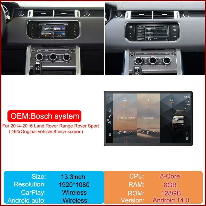 

13,3-дюймовый Land Rover Sport L494 2014-2017 годов с поддержкой CarPlay Android 14, совместимо с OEM меню