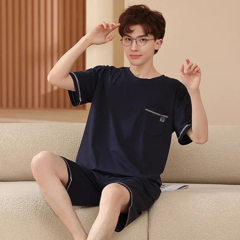 

Pajamas Set Men Summer Sleepwear Round Neck Boy Pijamas Suits Cotten Soft Leisure Loungewear Nightwear Homewear Home Clothes