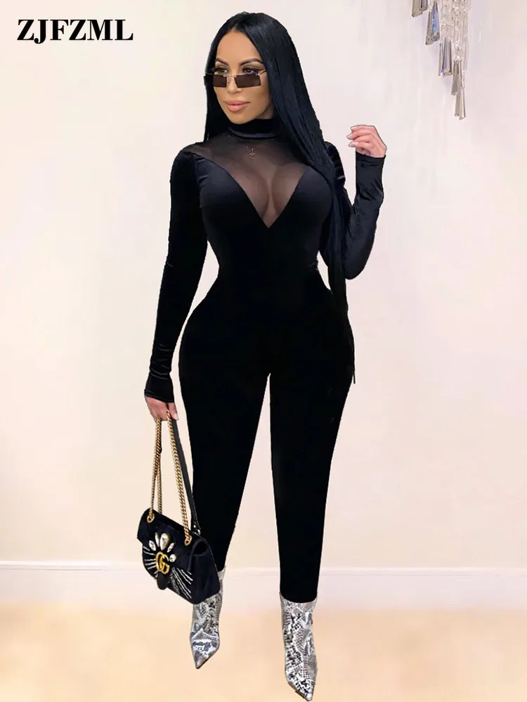 

Sheer Mesh Velvet Rompers Womens Jumpsuit Fashion High Necked Full Sleeve One Piece Bodysuit Vintage See Through Bodycon Catsuit