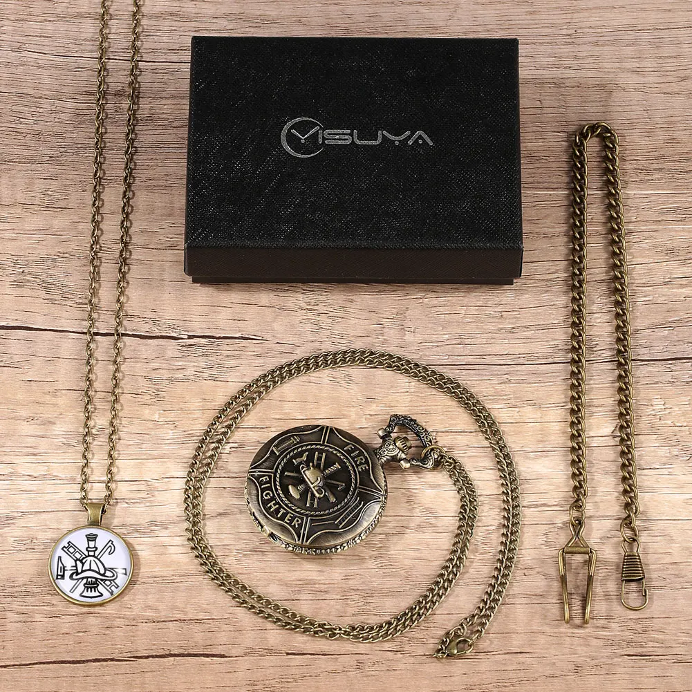 Necklace Pocket Watch Sets Men Fire Logo Engraving Pattern Souvenir Gift for Firemen Bronze Vintage Pocket Watch Pedent Clock