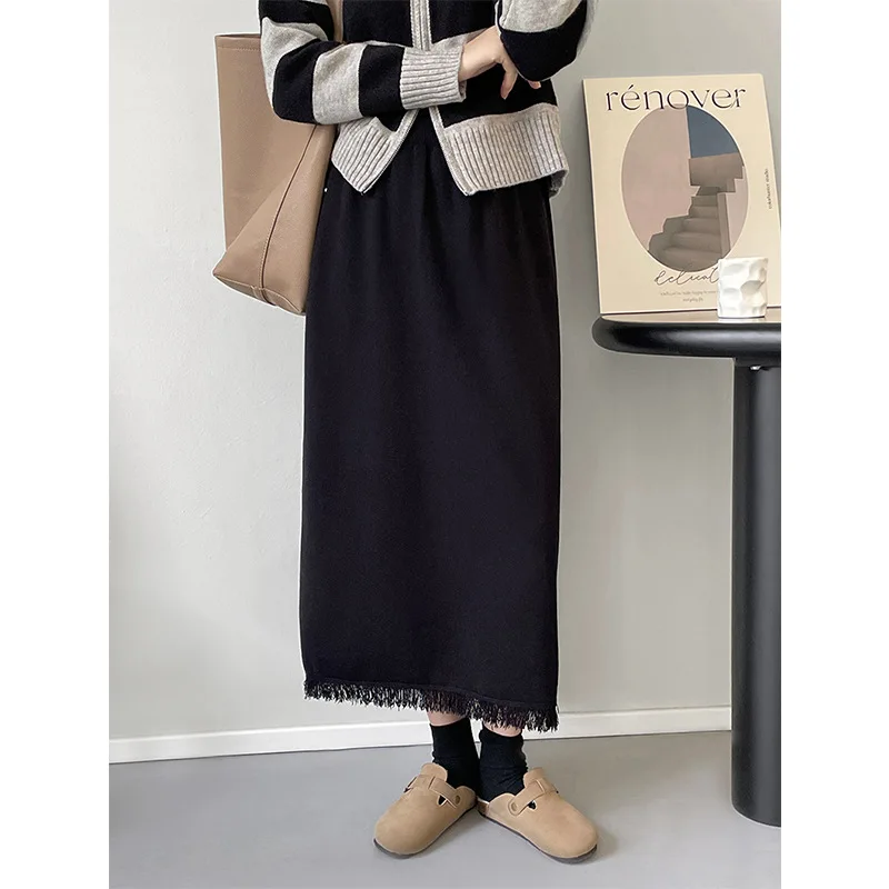 

High Quality Women Pleated Long Skirt Fashion Slit Belted Maxi Skirt Autumn Winter High Waist Vintage A-Line Skirts Black