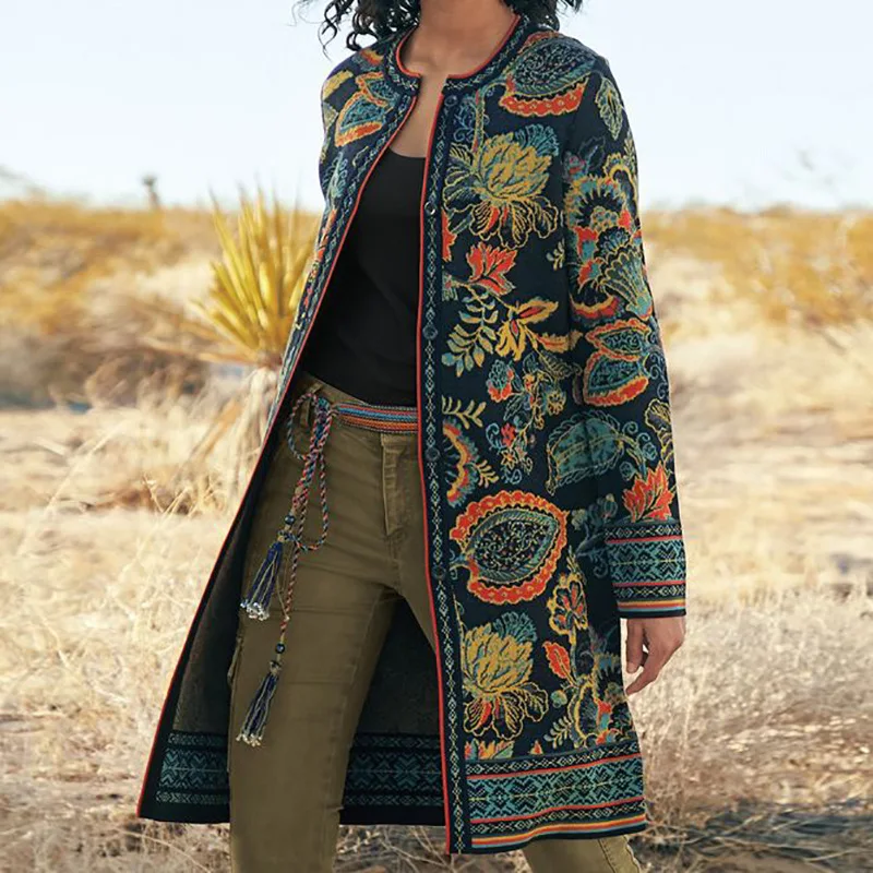 Women  Coat Vintage Printed Fashion Long Overcoat Women’s Winter