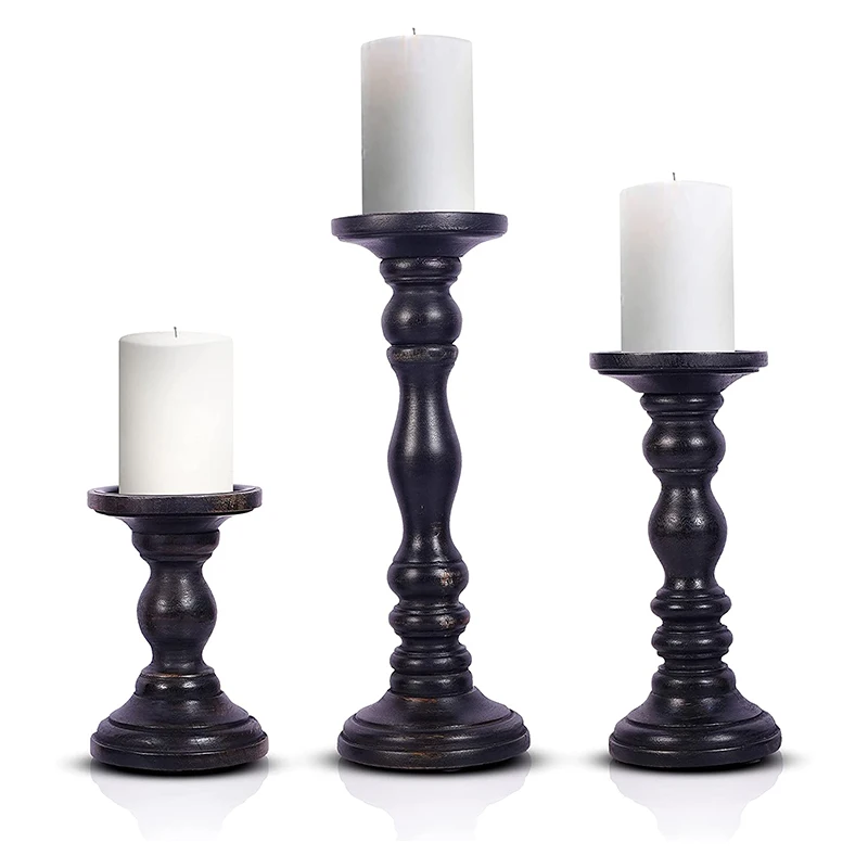 

Rustic Black Pillar Wood Candle Holders Hand Carved Mango for Pillar Candle Set of 3 Candlestick Holders 6/9/12in for Home Decor