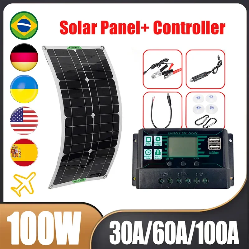 

12/24V 100W Solar Panel Kit Monocrystalline with 30A/60A/100A Controller Dual USB Output for Car/Boat Waterproof Solar Panel