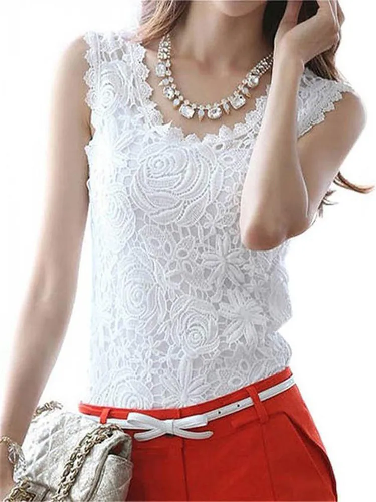 

YRRETY женские блузки 2022 Летняя женская блузка кружевные винтажные Белые Повседневные рубашки крючком без рукавов топы с вырезами