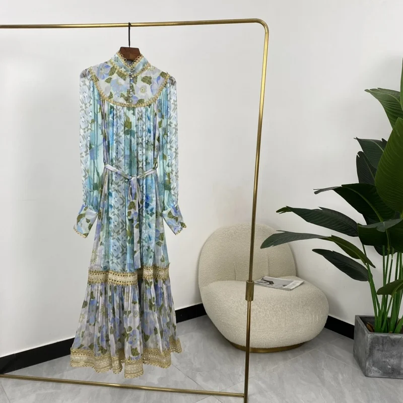 

Платья длиной до щиколотки, весна-осень 2022, Высококачественная шикарная модная одежда с длинным рукавом и золотым принтом