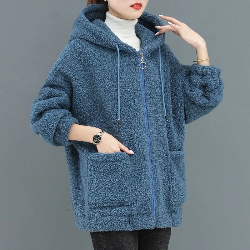 

2022 Korean Fashion Coat Lamb Wool Coat New Spring and Autumn Loose Large Size Thick Style Street Coat Jacket Women Solid HJ142