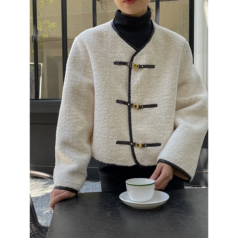 Winter leisure lamb fur V-neck contrast leather coat for women