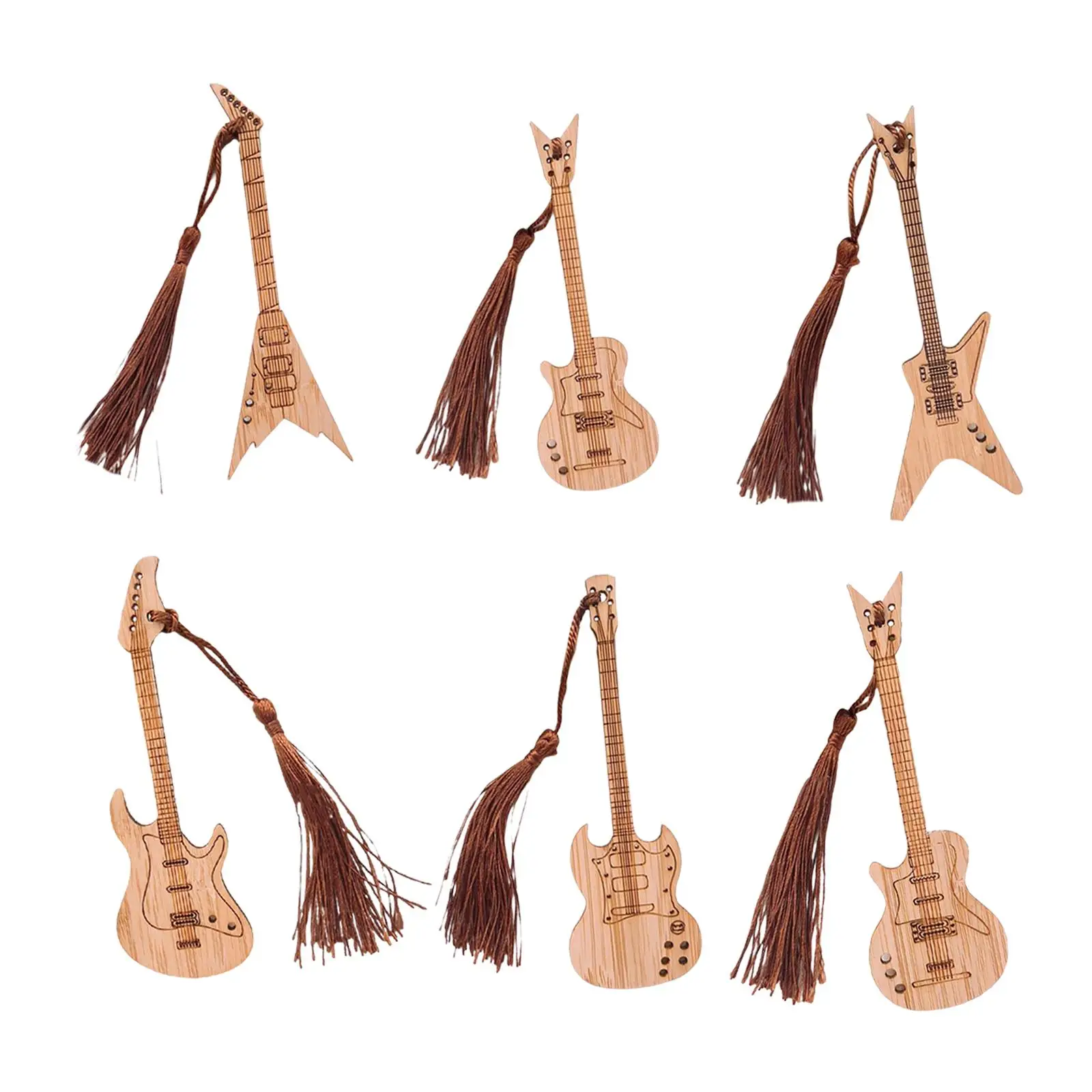 

6 Pieces Creative Guitar Bass Bookmarks with Tassels Clip Markers Wood Bookmark for Birthday Gift Office Book Accessories