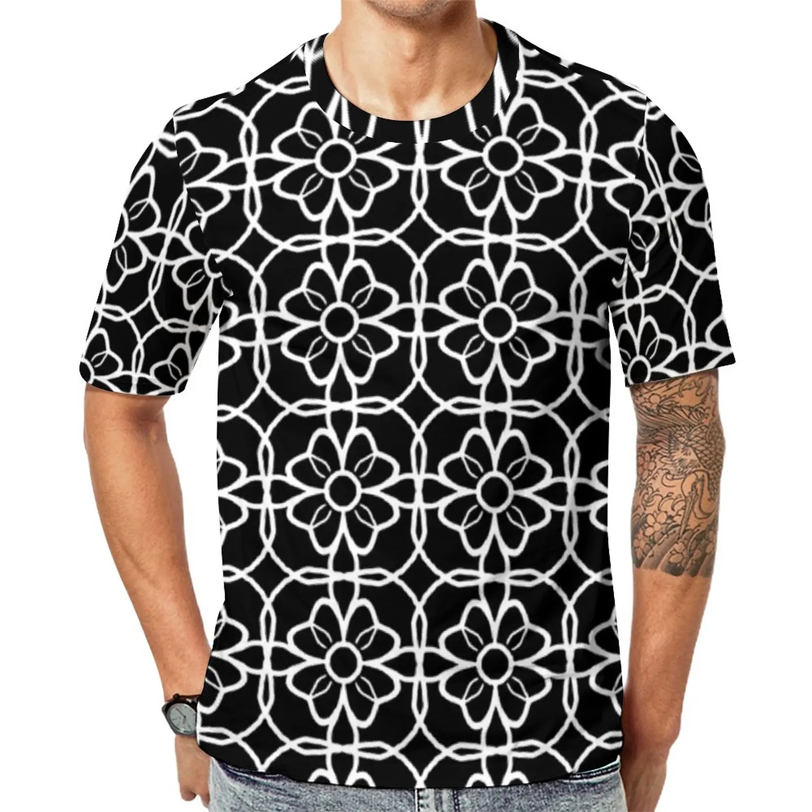 

White Baroque Floral T-Shirt Man Bohemia Print Essential T-Shirts Beach Fashion Tees Short Sleeve Graphic Oversized Tops