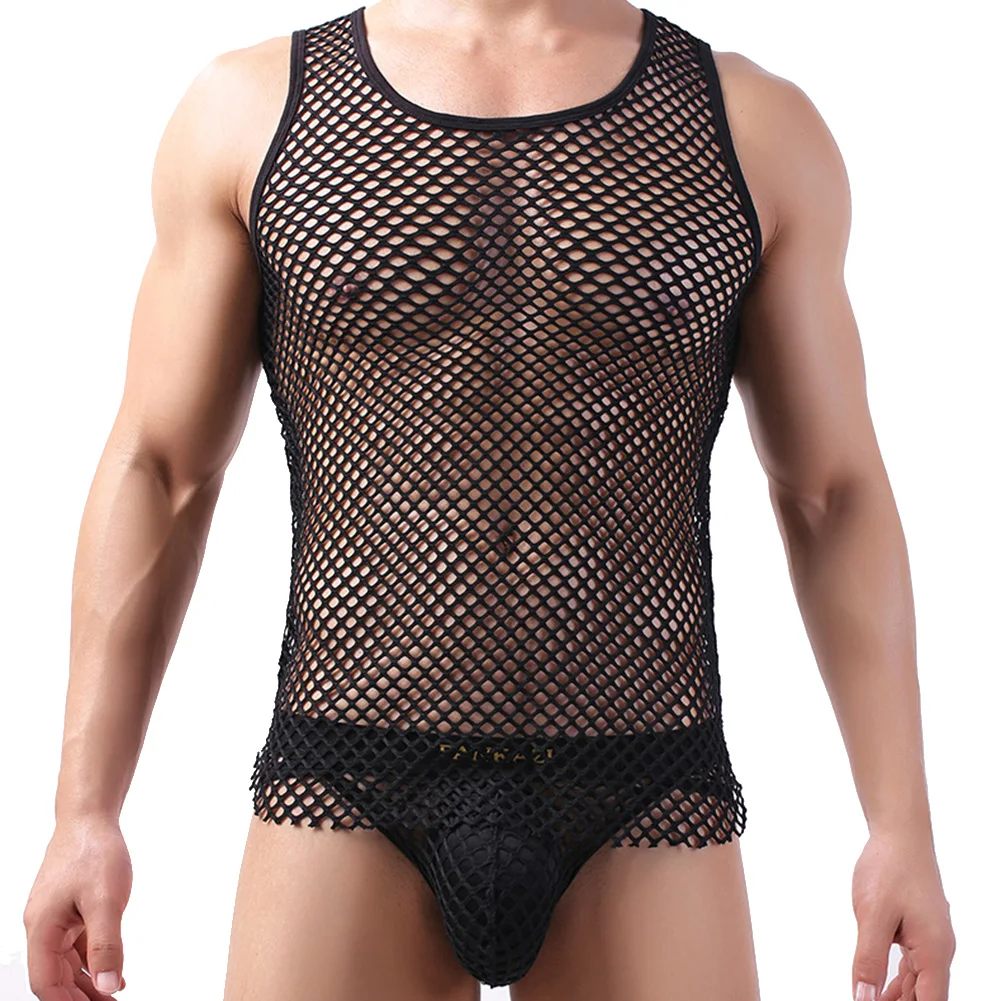 

Men's See Through Hollow Out Muscle Comfy Mesh Fishnet Sheer Men Vest Sleeveless T-Shirt Tank Top Solid Singlet I-shape Vests